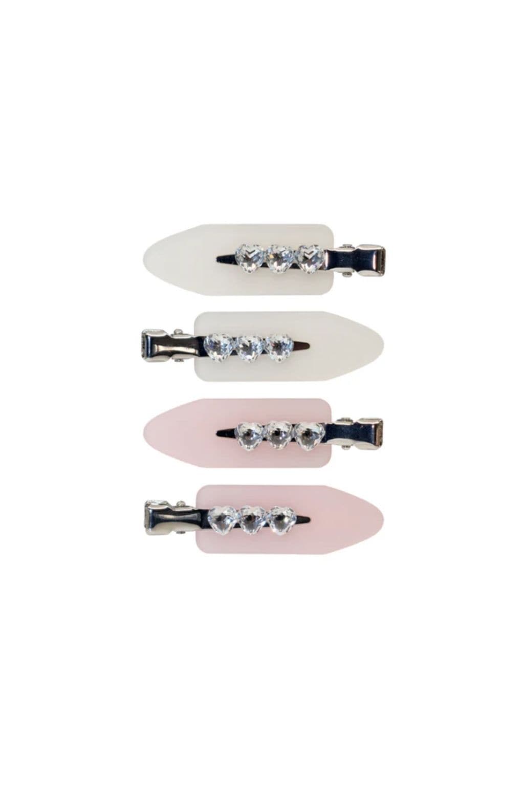 Four hair clips with crystal embellishments on pastel white and pink bases with black metal closures.