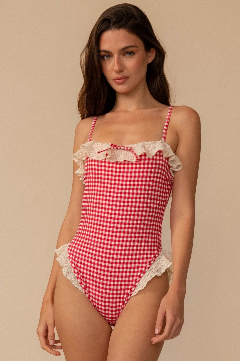 Red Micro Gingham Jacelyn Ruffle One-Piece