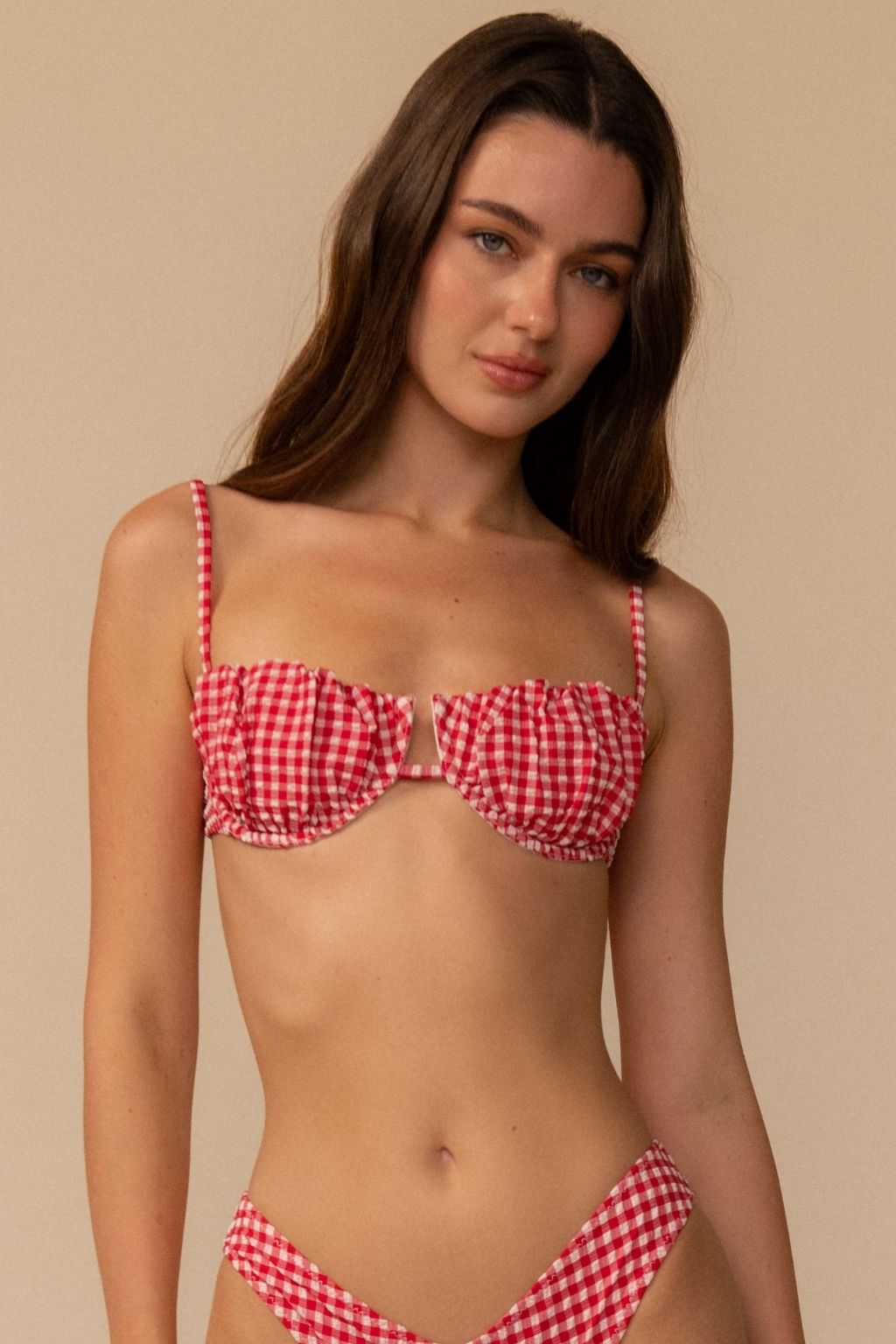 Red Micro Gingham Petal Bikini Top