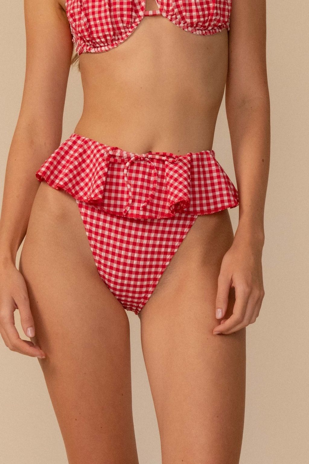 Red Micro Gingham Tamarindo Ruffle Bikini Bottom
