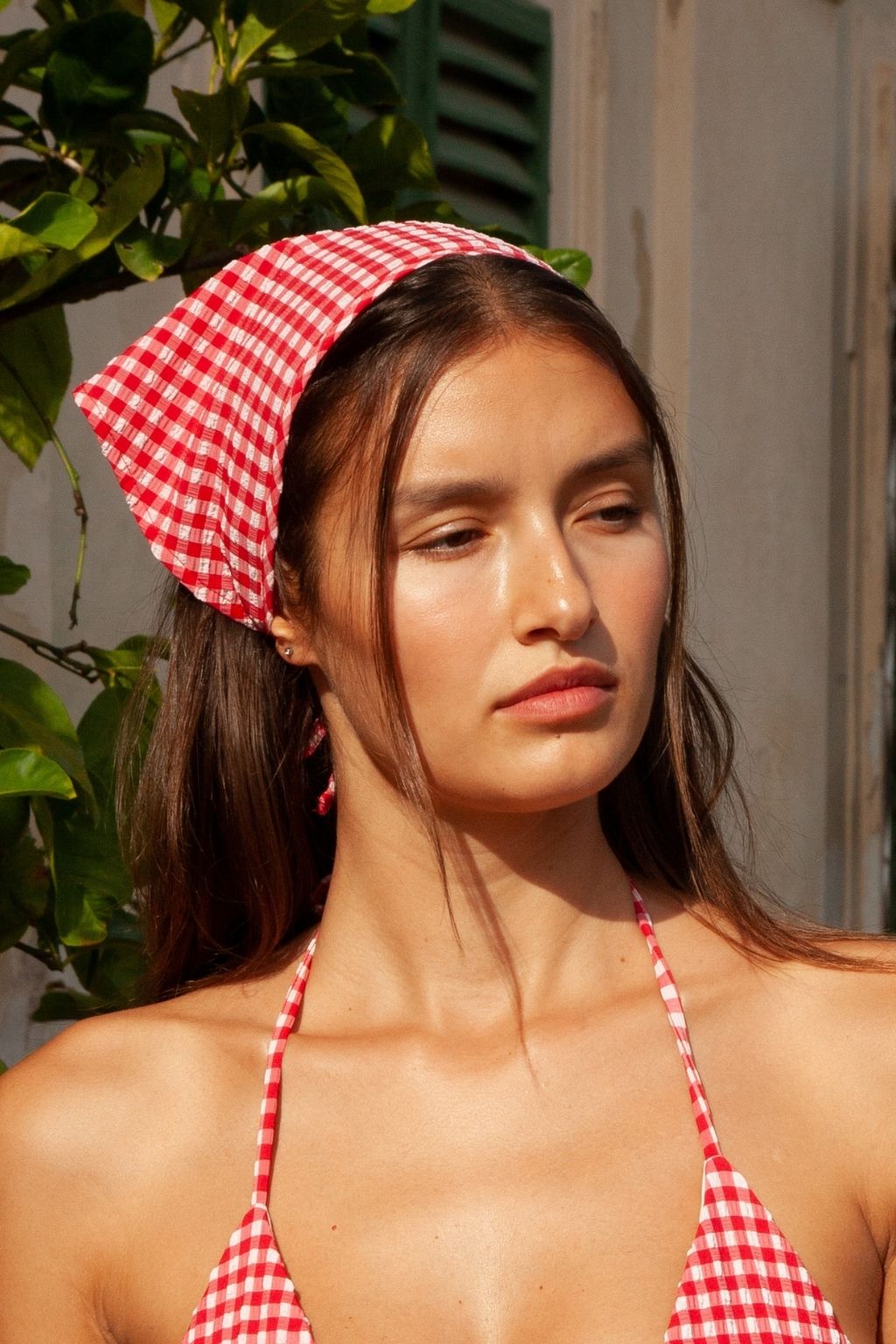 Red Micro Gingham Tie-Up Scarf