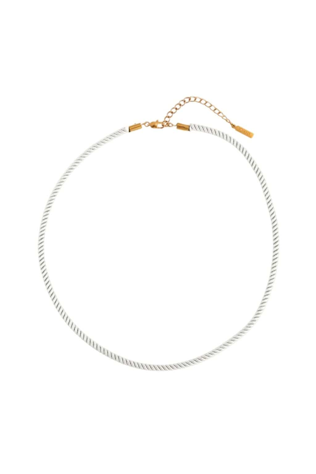 White twisted rope necklace with gold-tone chain extender and clasp.