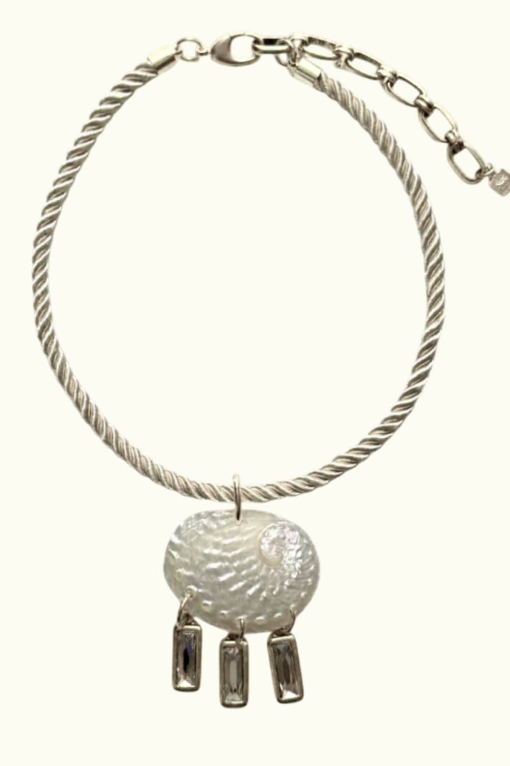 Silver-toned twisted rope choker with rectangular link chain and circular textured pendant with three dangling rectangular ch