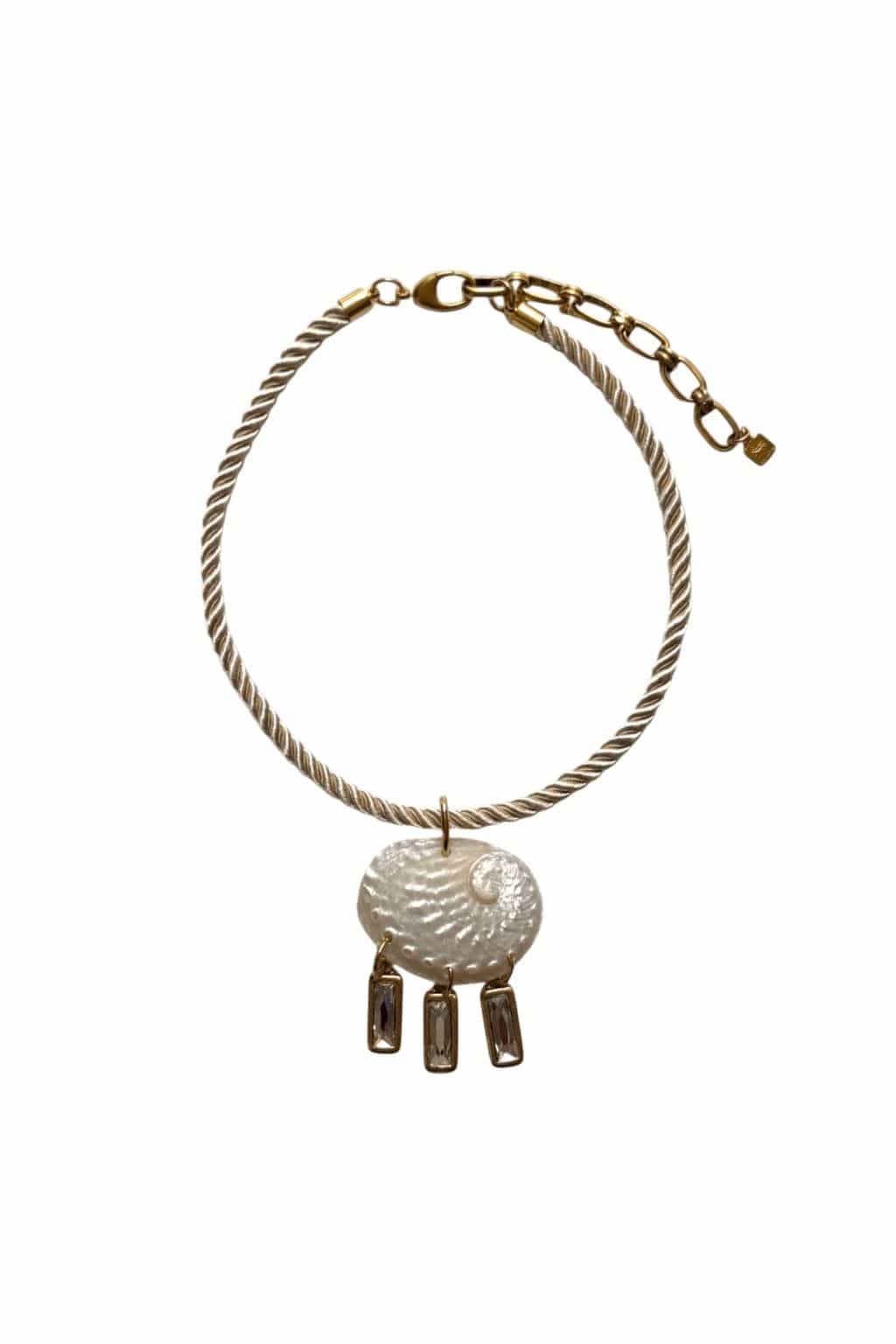 Twisted rope choker necklace with gold-tone clasp and textured shell pendant with three rectangular drops.