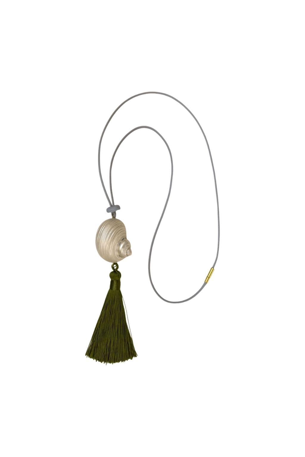 Gray cord necklace with textured beige pendant and olive-green tassel accent.