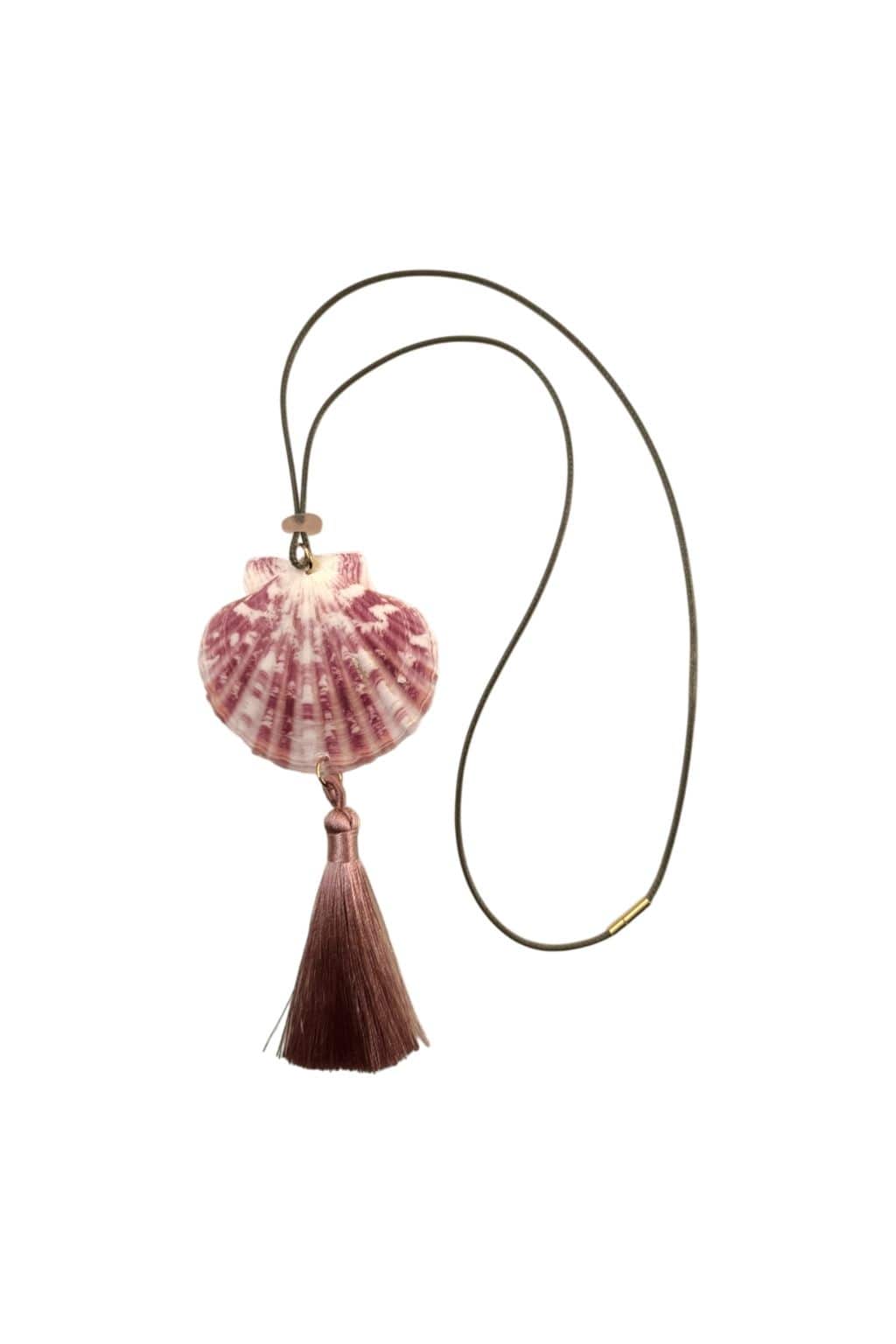 Rose-colored shell pendant with burgundy tassel hanging from olive-green cord necklace.