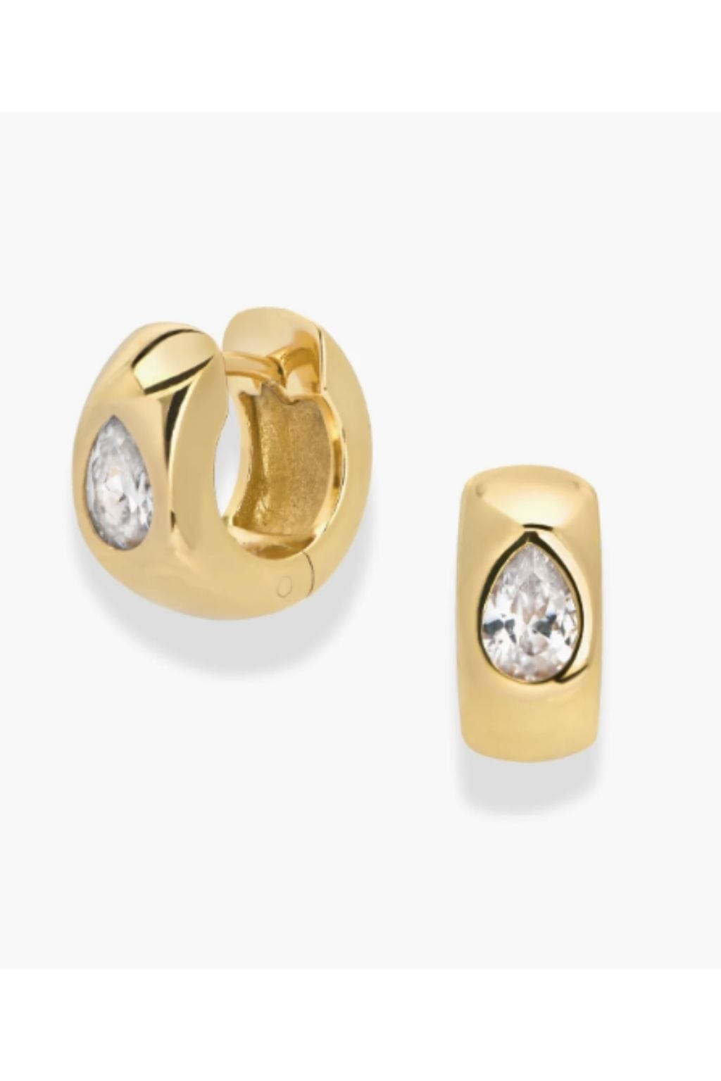 Gold hoop earrings with teardrop-shaped crystal stones, shown from front and side angles.