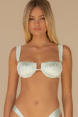 Seafoam underwire bikini top with ruched cups, thin shoulder straps, and center cutout detail on model.
