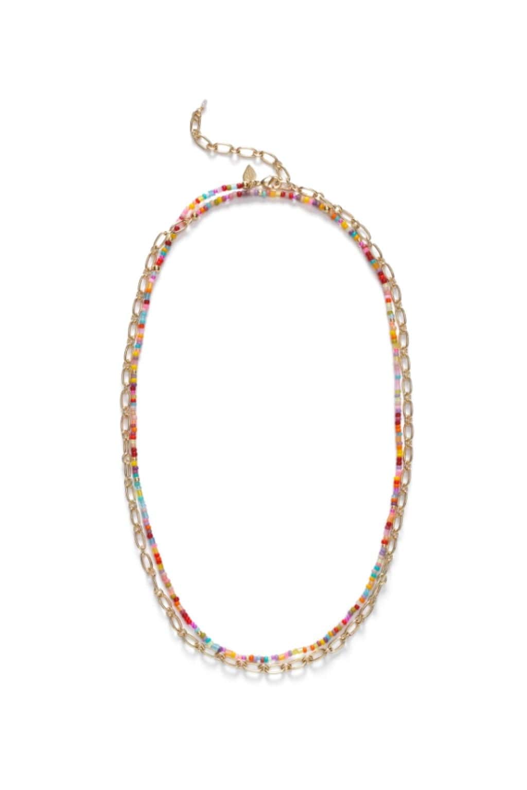 Gold-tone chain belly chain with multicolored beaded accents and adjustable clasp closure.