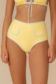 Yellow bikini bottom with white binding trim and curved pocket details on front.
