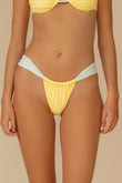 Yellow bikini bottom with white ruched side tie details and gathered waistband.