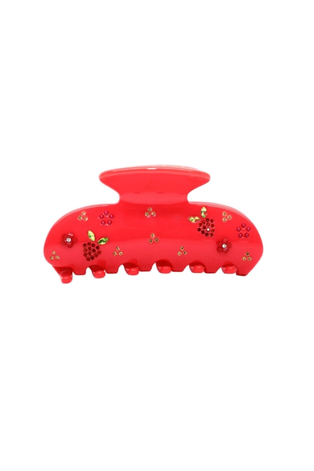 Red hair clip with berry and rhinestone embellishments and scalloped teeth edge.