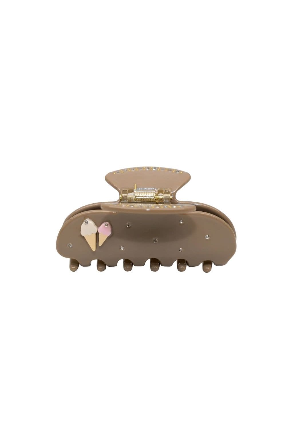 Taupe hair clip with two ice cream cone charms and rhinestone accents, featuring a scalloped edge and claw closure.