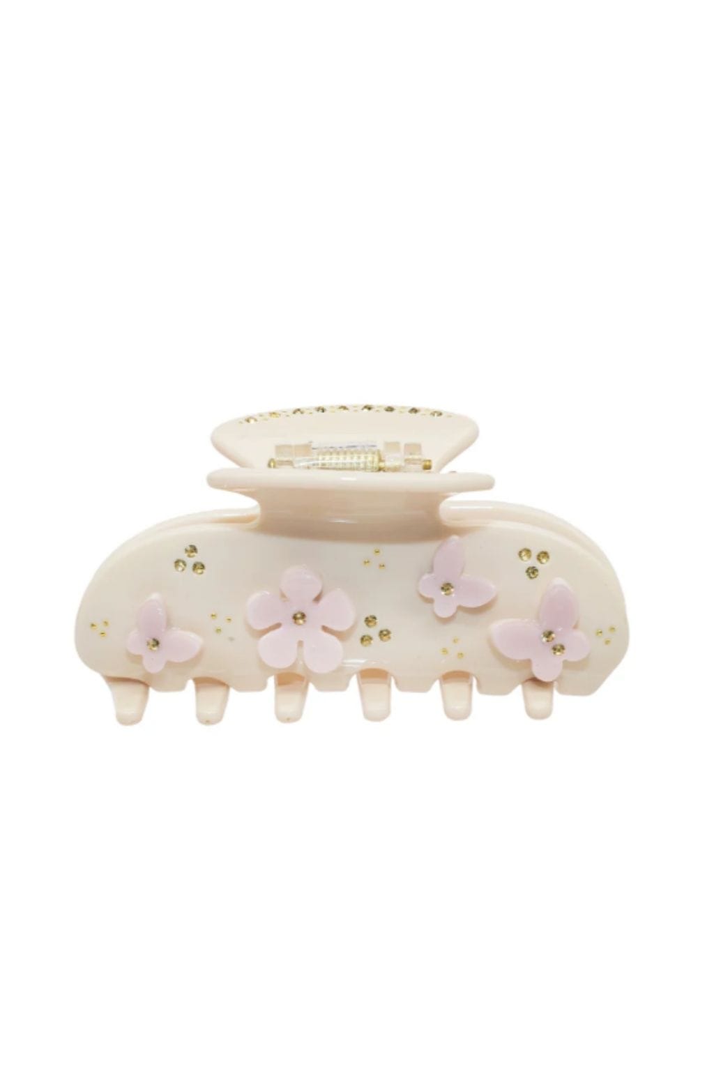 Cream-colored hair clip with pink flower details and gold accents, featuring six prongs and a decorative top piece.