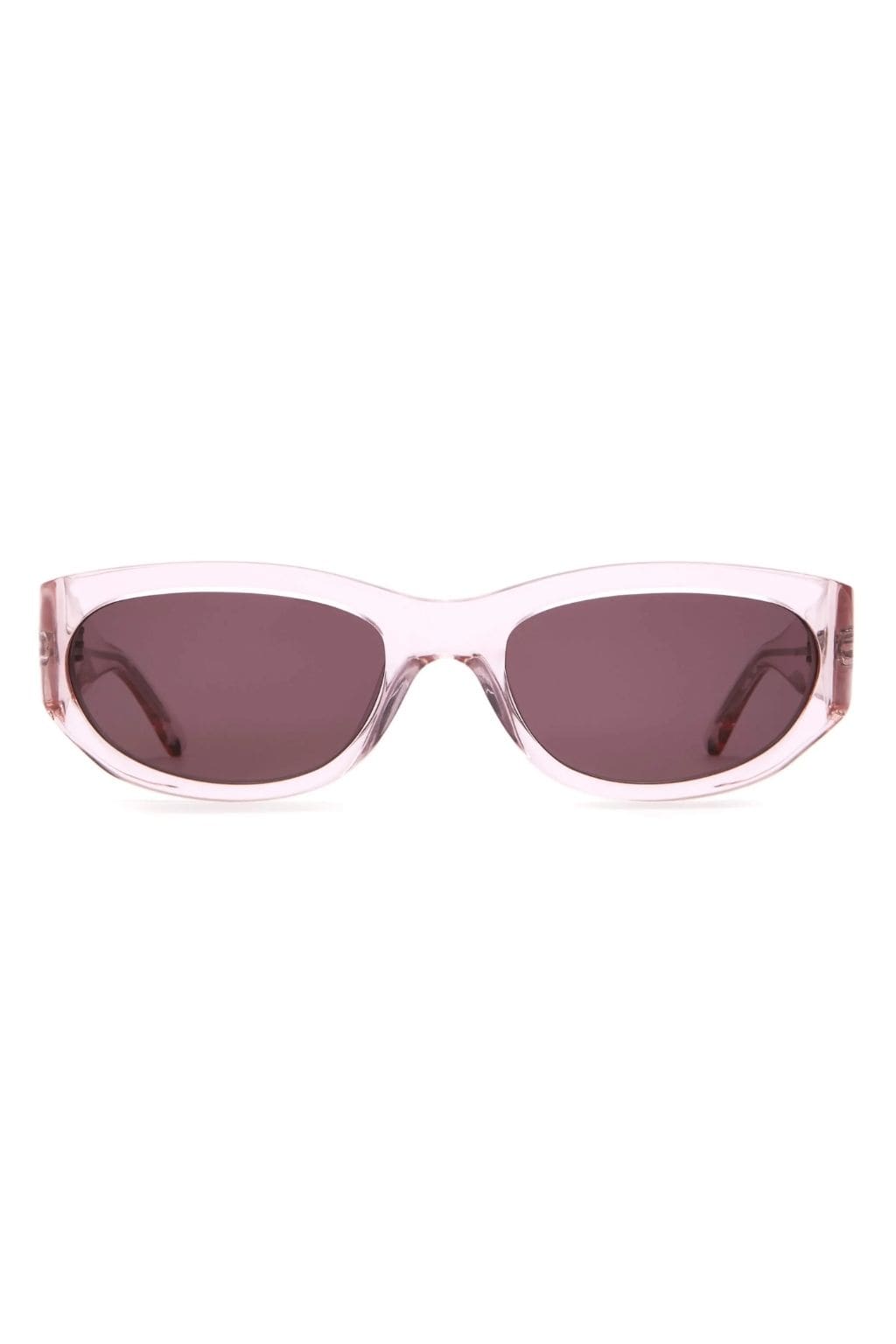 Light pink oval sunglasses with dark plum-tinted lenses and translucent frames.
