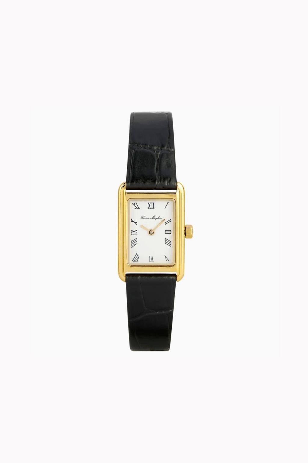 Gold-toned rectangular watch with cream dial, Roman numerals, and black leather crocodile-embossed strap.