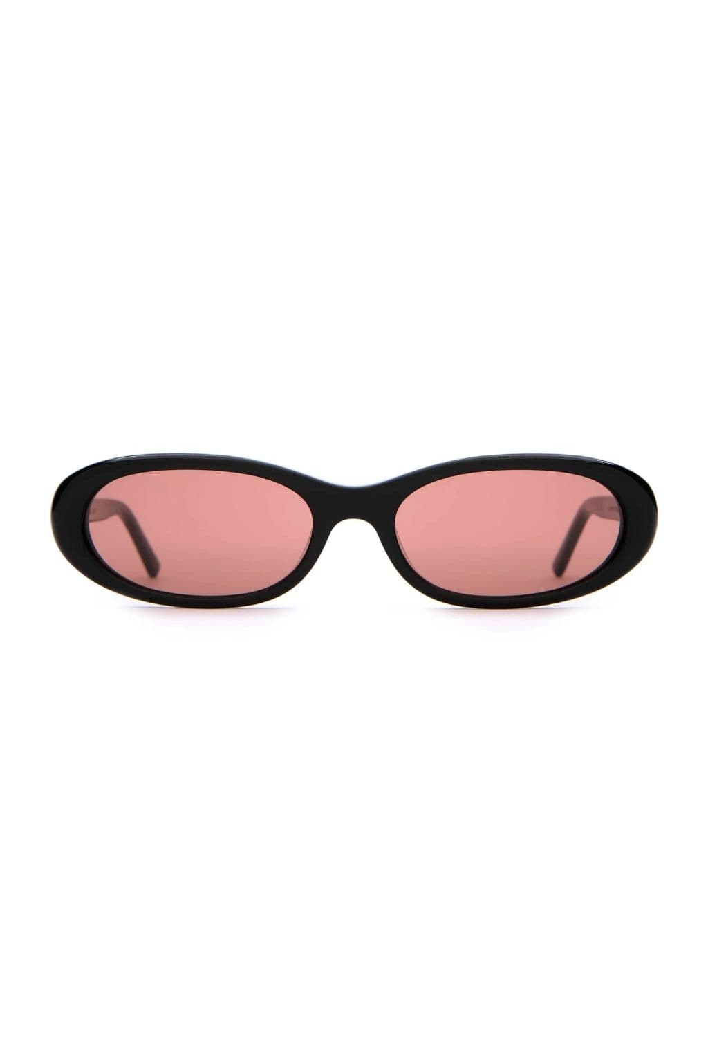 Black oval sunglasses with pink tinted lenses and dark arms.