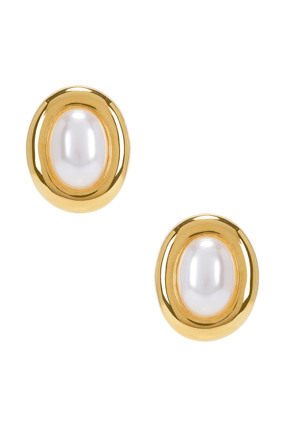 Pair of gold-toned oval earrings with white pearl centers and layered frames.