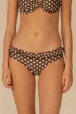 Brown and cream polka dot bikini bottom with ruffle waistband detail.