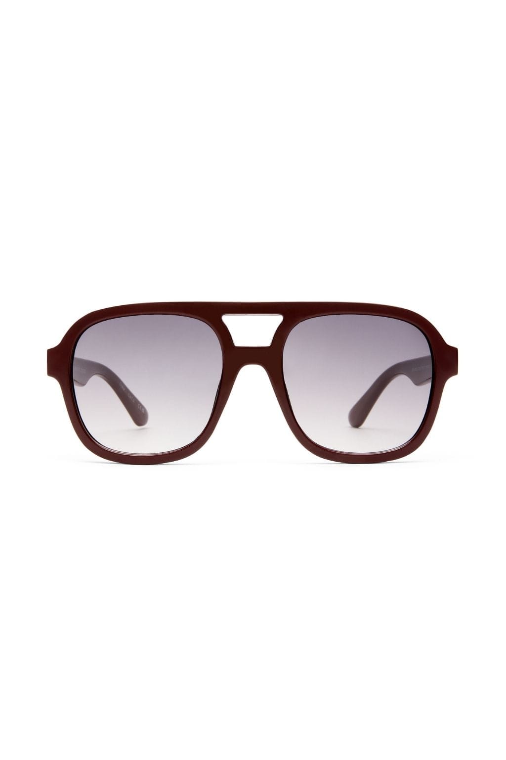 Burgundy aviator-style sunglasses with gradient lavender lenses and brown acetate frames.