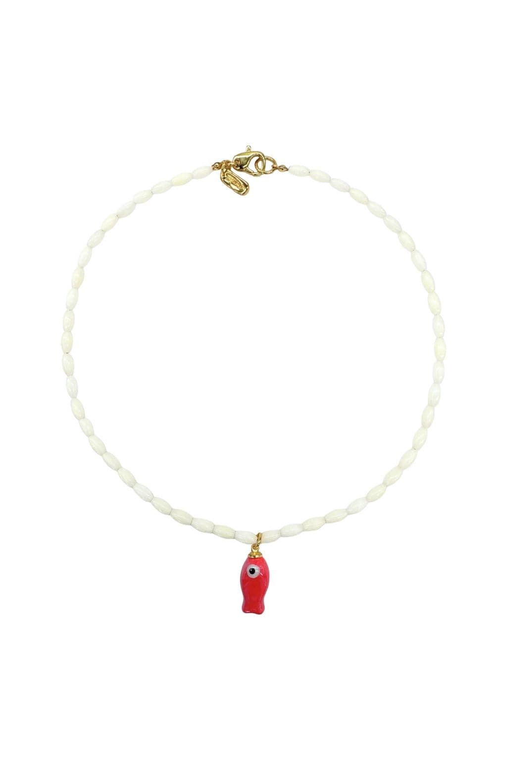 White beaded necklace with gold toggle clasp and red fish-shaped pendant with eye detail.