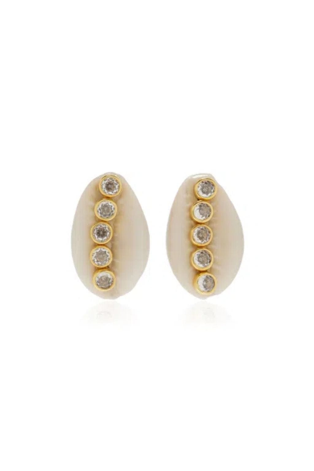 Pair of oval cream-colored earrings with five gold-rimmed clear stones arranged vertically down the center.