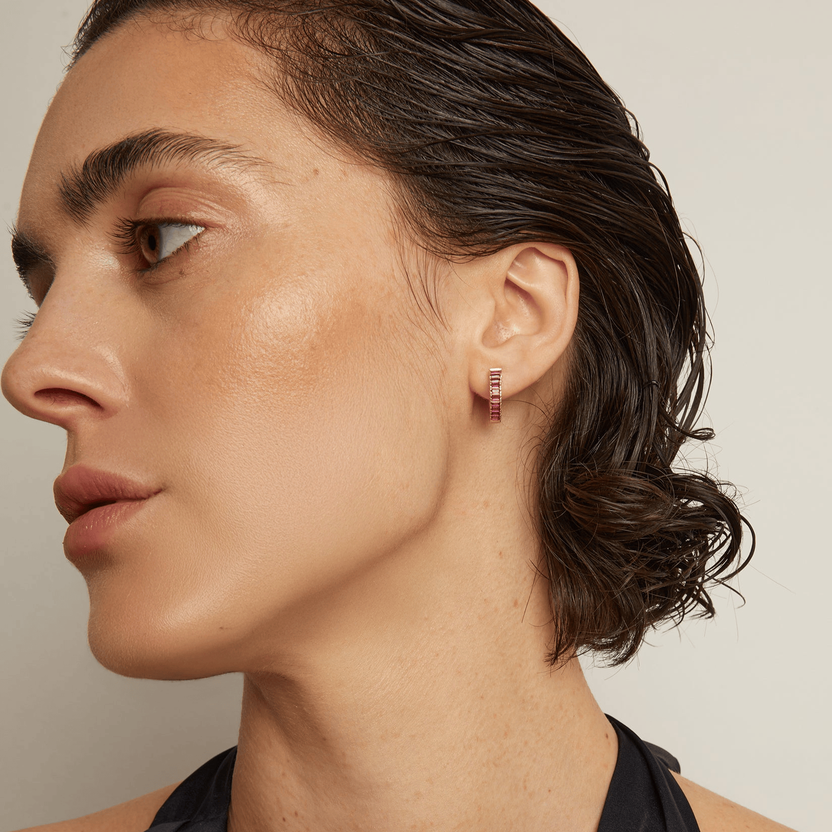 Lab Grown Red Ruby Baguette Huggie Earrings