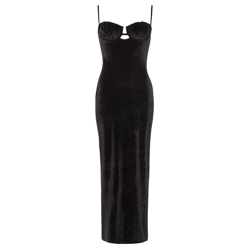 Black Velvet Petal Long Slip Dress