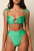 Emerald green bandeau bikini top with tie shoulders and center cutout ring detail.