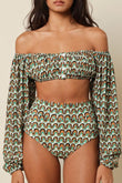 High-rise bikini bottom with retro wavy print in teal, orange, and cream colors.