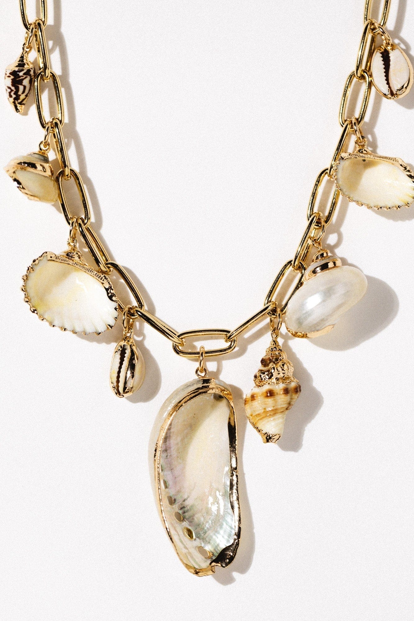 Gold chain necklace with multiple shell charms in varying sizes with gold-plated edges.