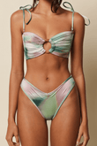 Bandeau bikini top with tie-dye pattern in pink, green, and white, featuring a cutout center and adjustable shoulder ties.